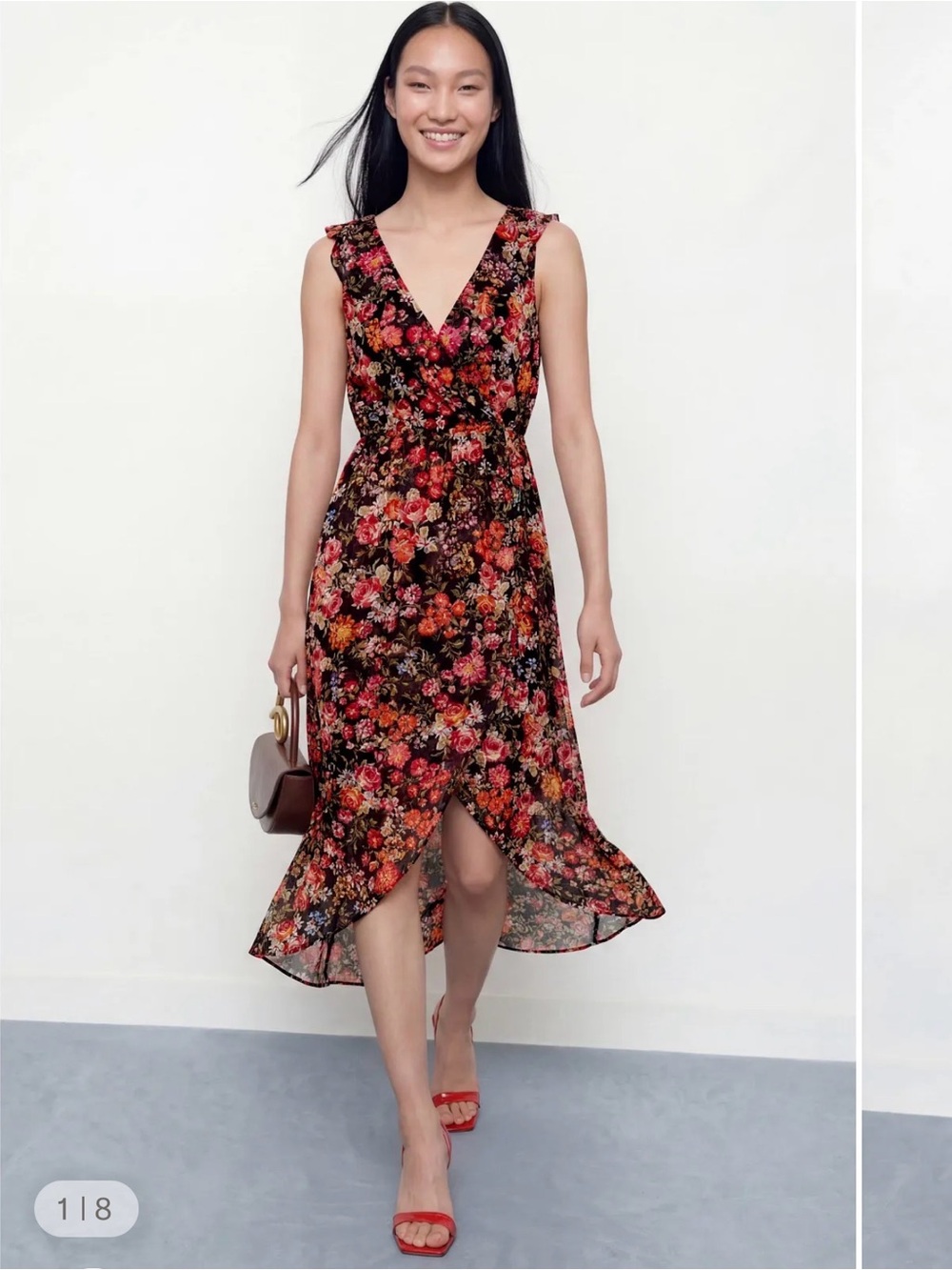RACHEL Rachel Roy Black Floral Midi Wrap Dress with Pink and Orange Blooms